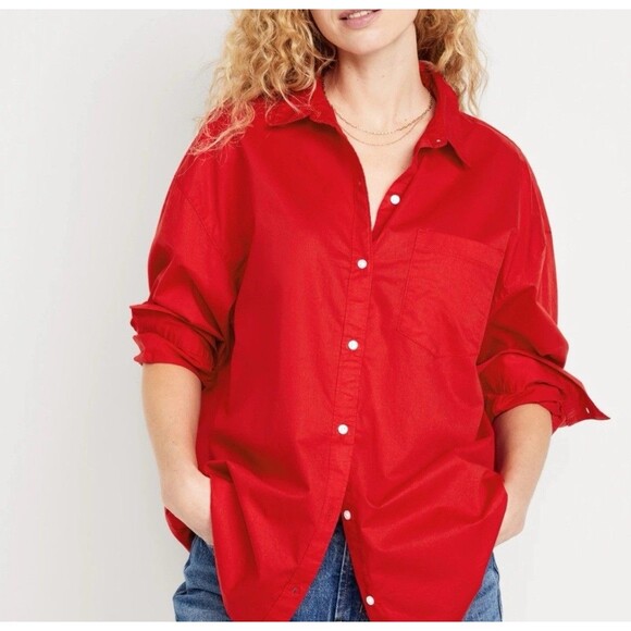 Old Navy The Boyfriend Oversized Shirt Women's Size L Red Button Up Long Sleeve - Picture 1 of 6